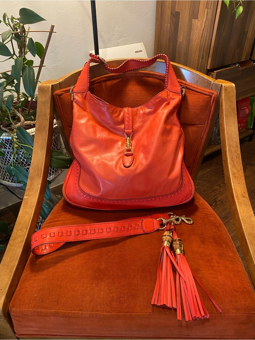 Gucci Jackie Red Leather Hobo Bag with Tassel Strap